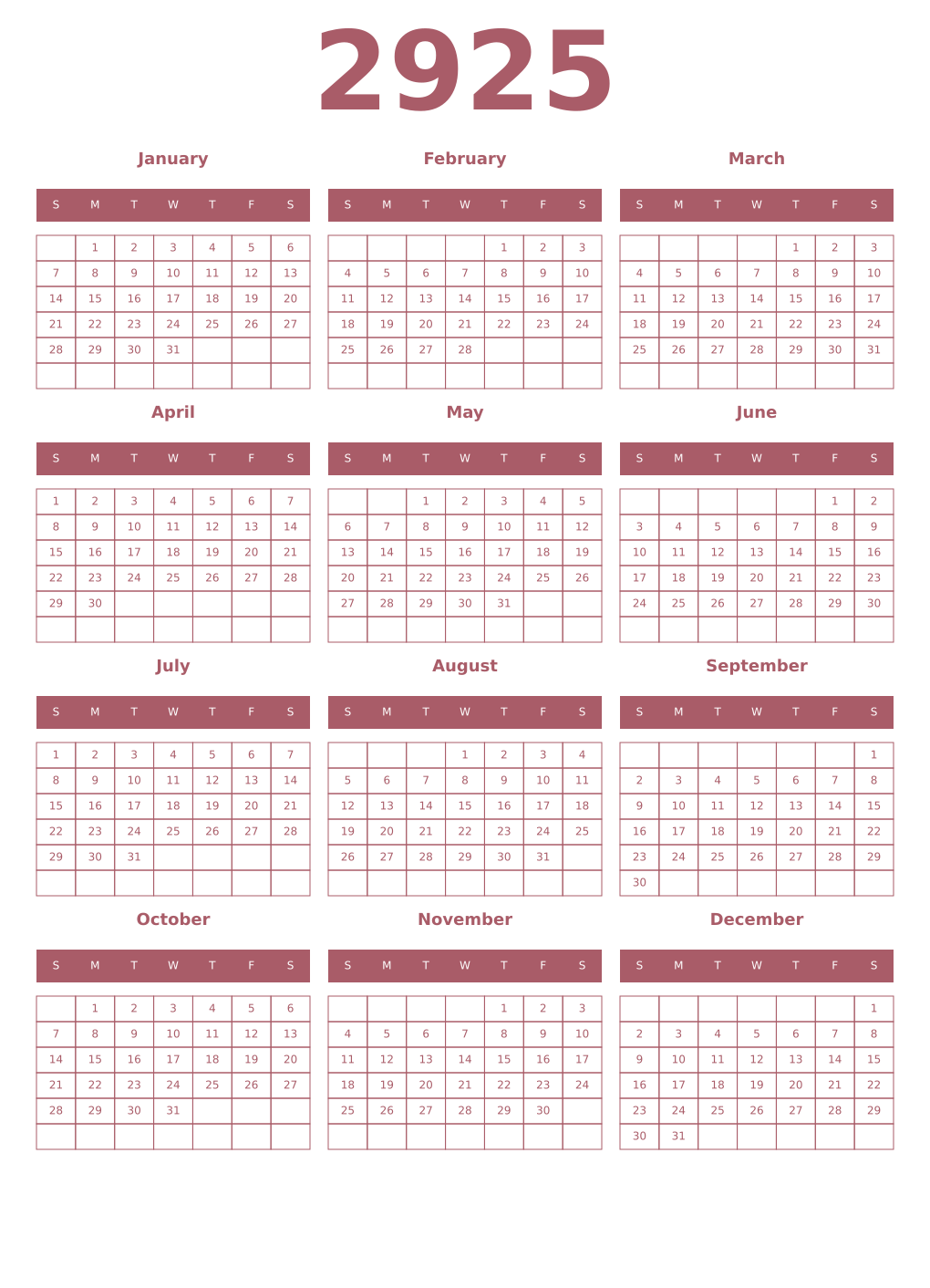 Printable 2925 Year Calendars puce