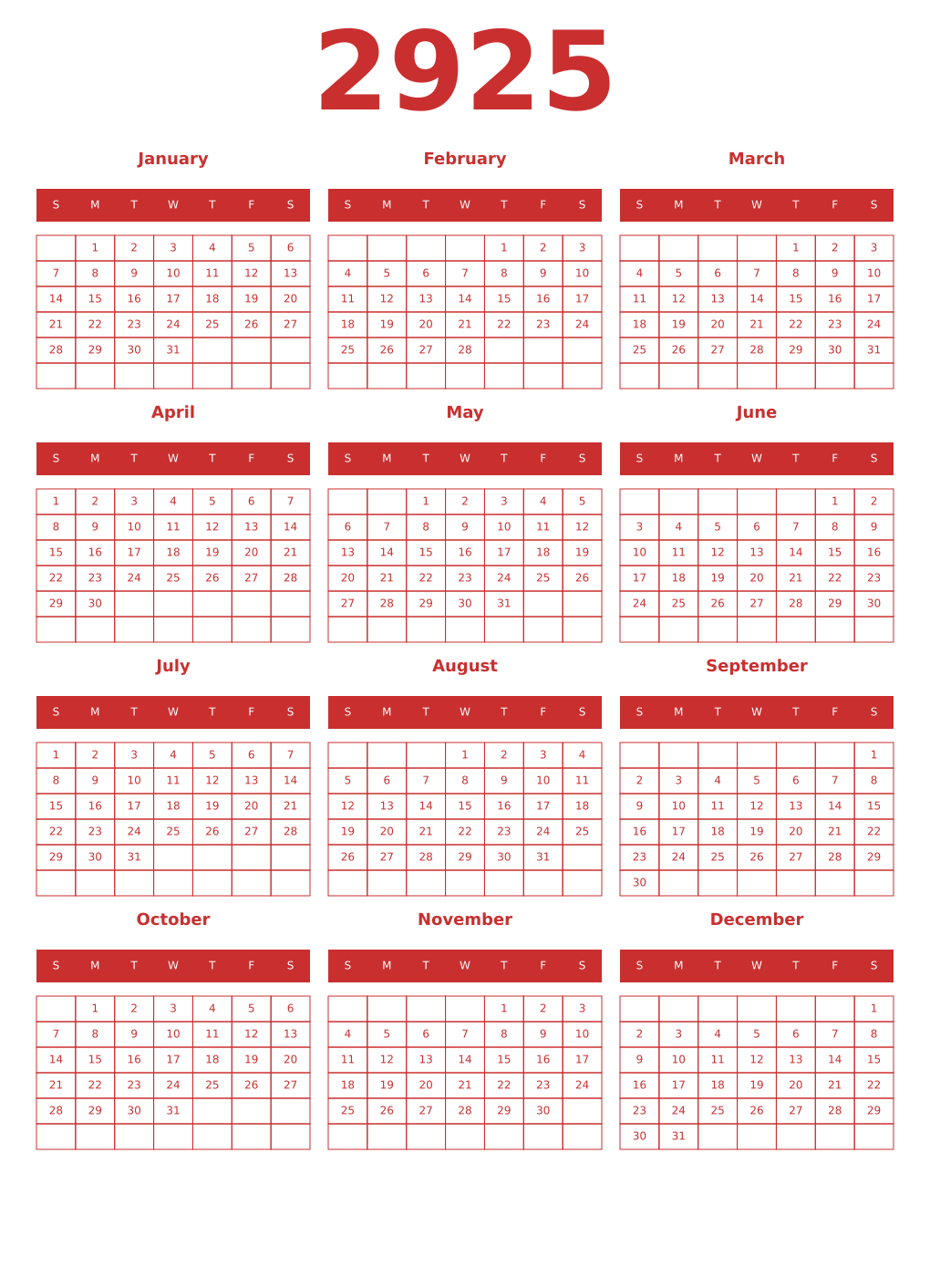 Printable 2925 Year Calendars red