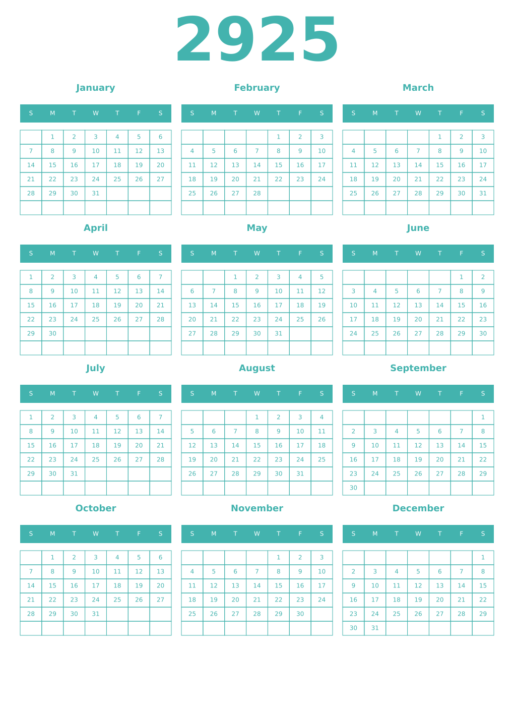 Printable 2925 Year Calendars verdigris