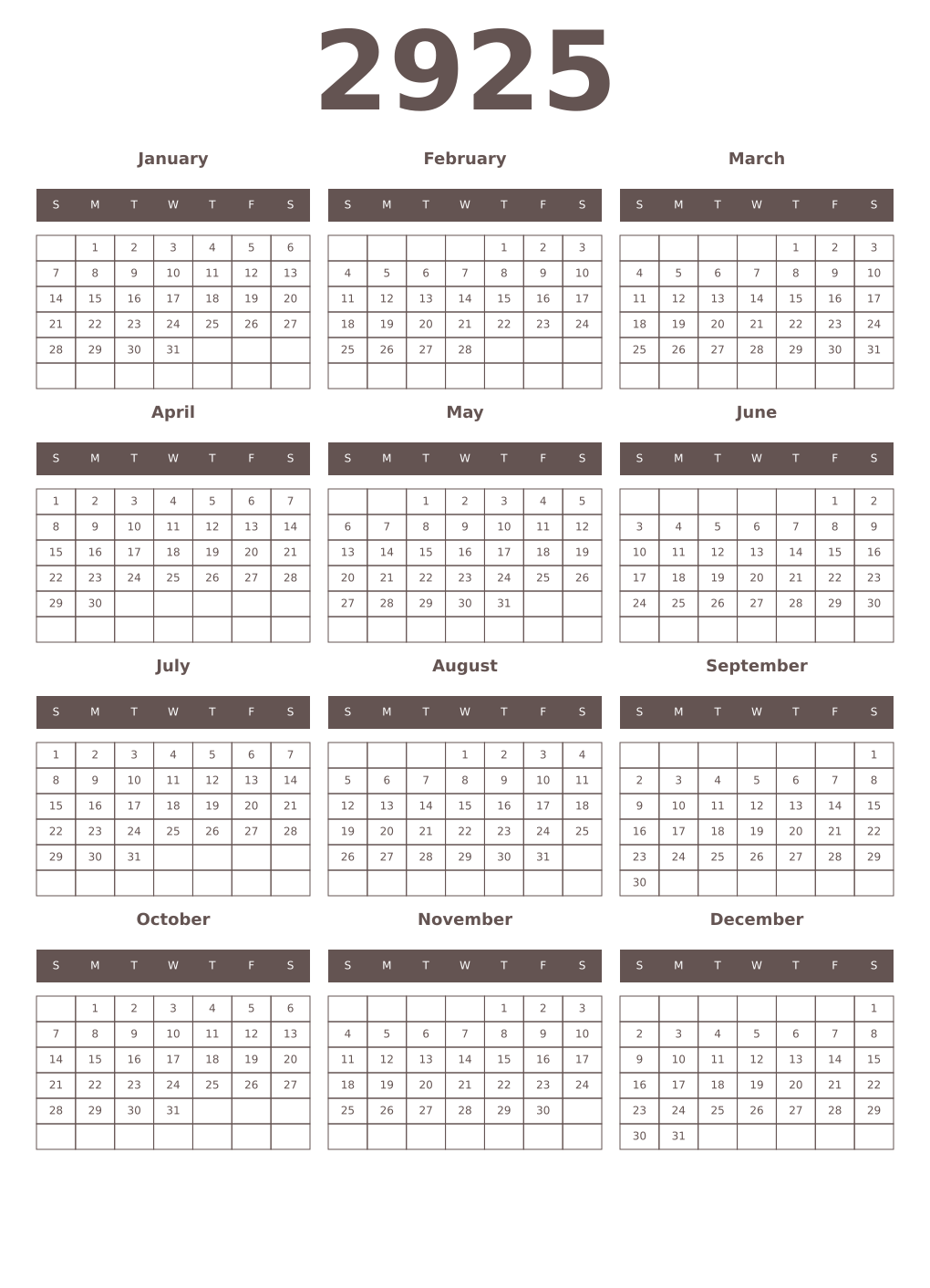 Printable 2925 Year Calendars wenge