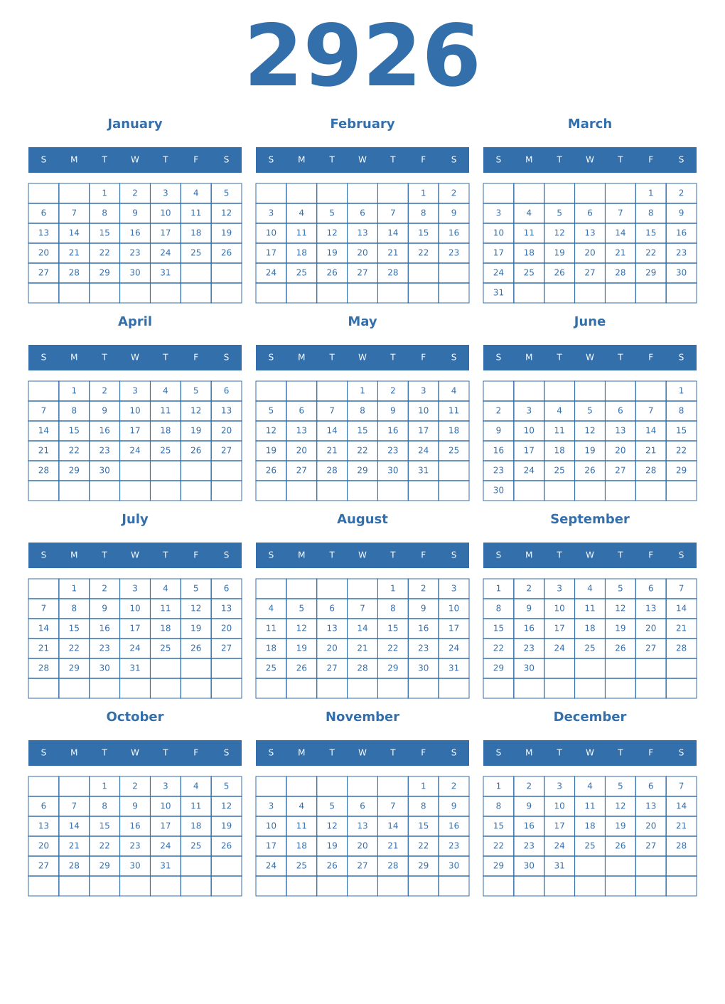 Printable 2926 Year Calendars blue