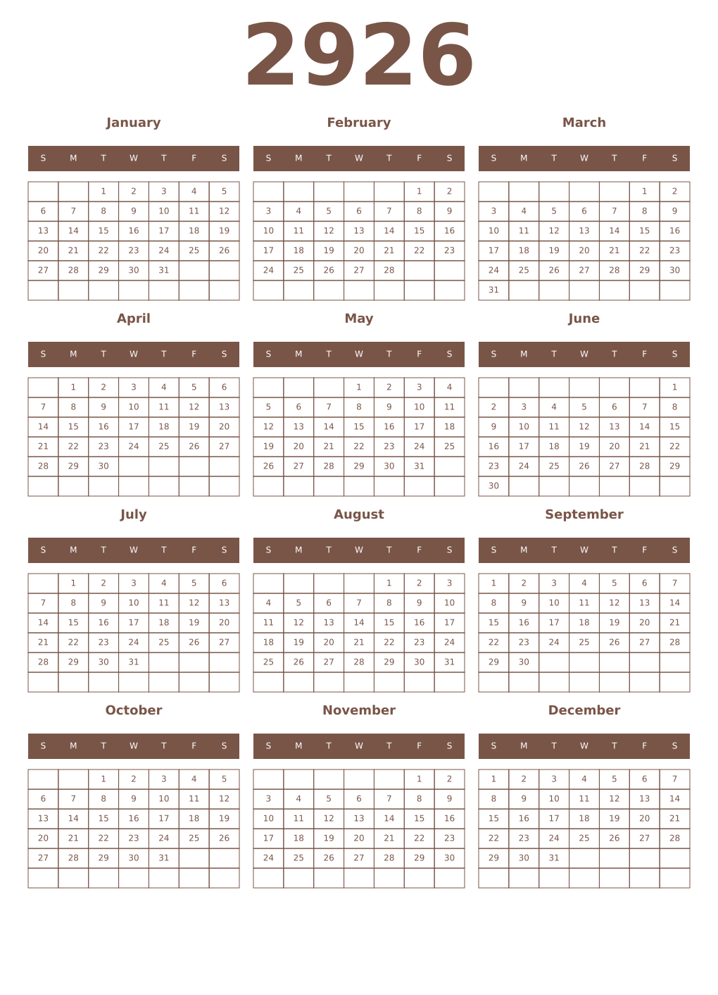 Printable 2926 Year Calendars coffe