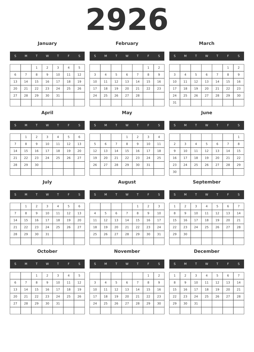 Printable 2926 Year Calendars dark