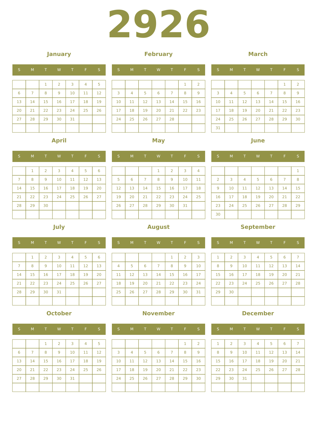 Printable 2926 Year Calendars eburnean
