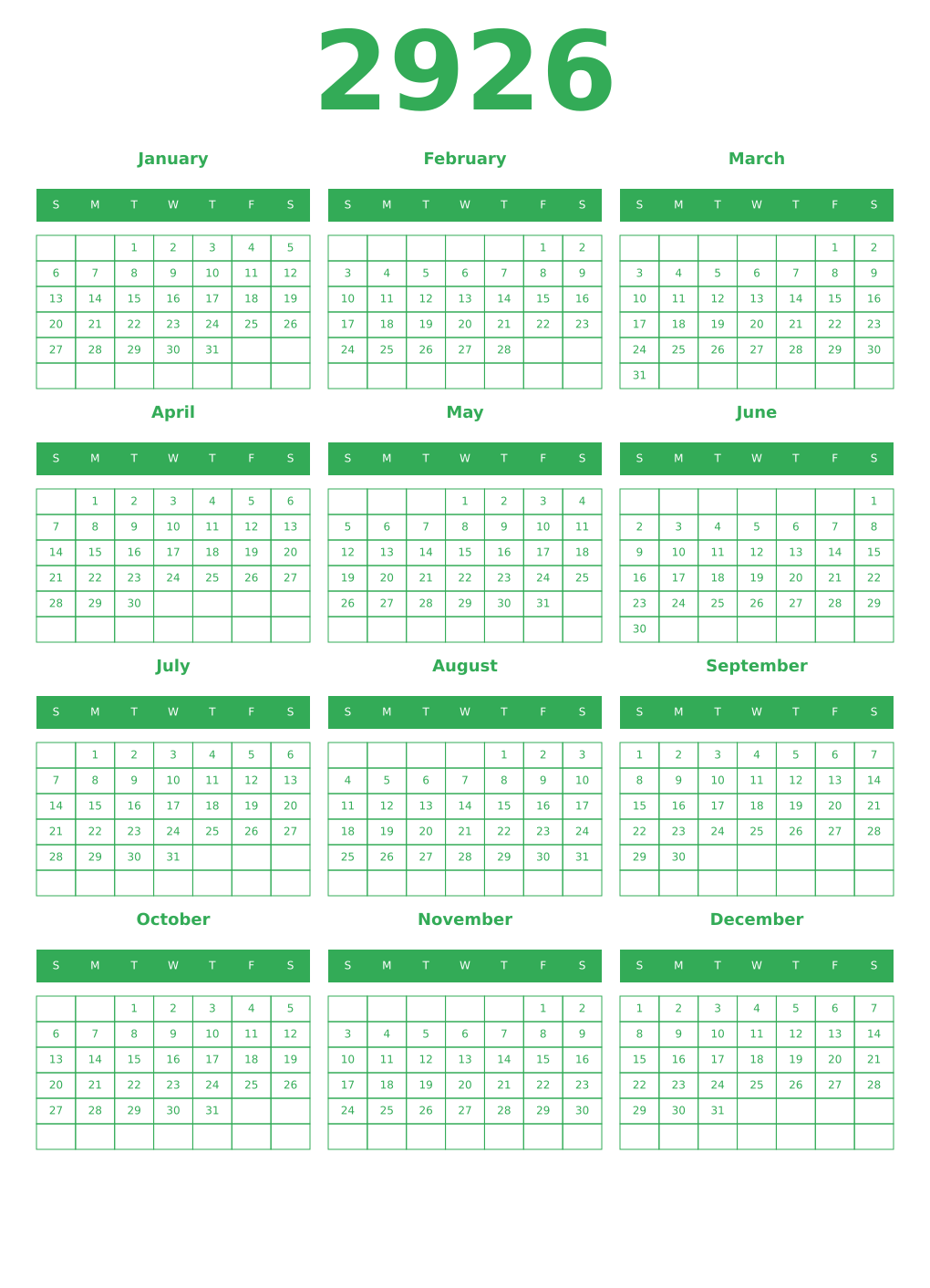 Printable 2926 Year Calendars green