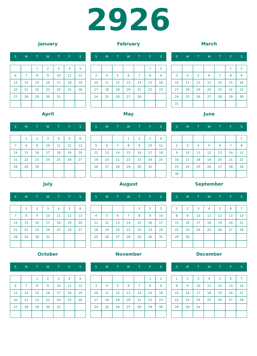 Printable 2926 Year Calendars pastel
