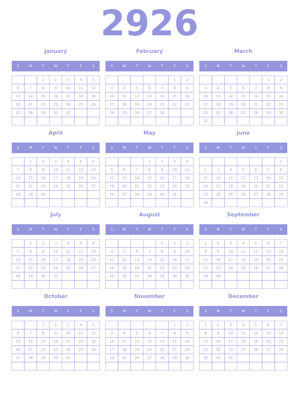 Printable 2926 Year Calendars periwinkle