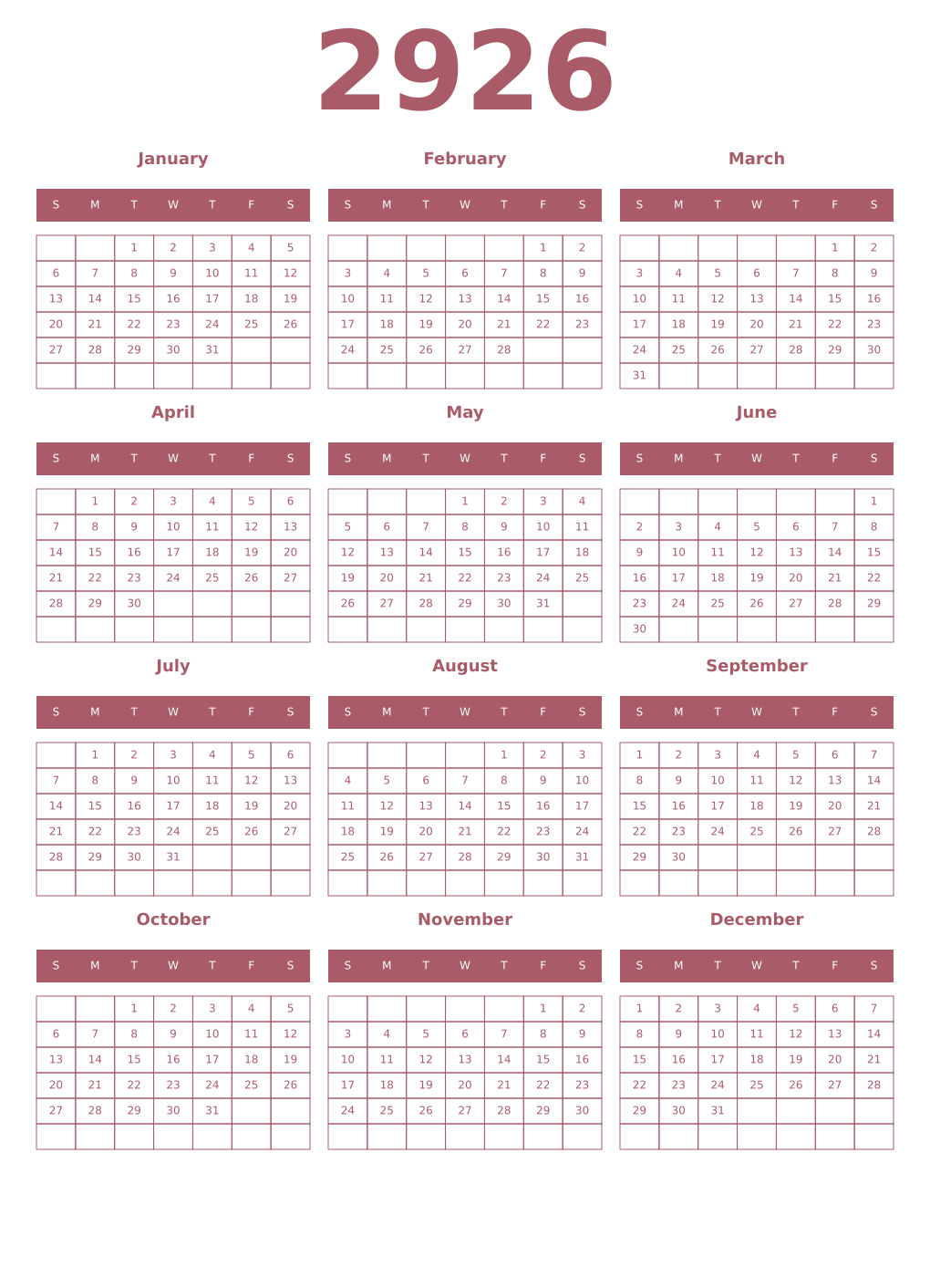 Printable 2926 Year Calendars puce
