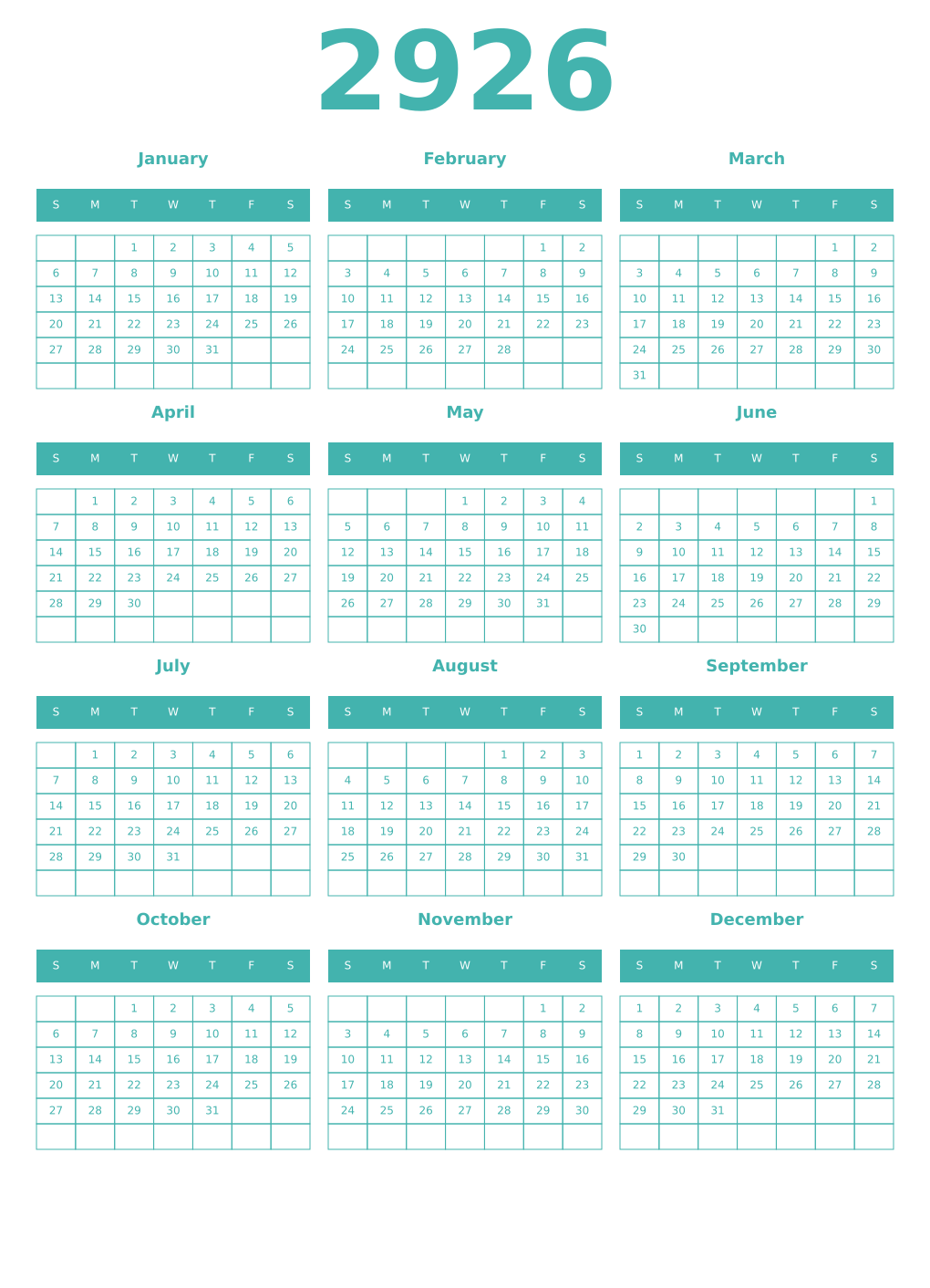 Printable 2926 Year Calendars verdigris