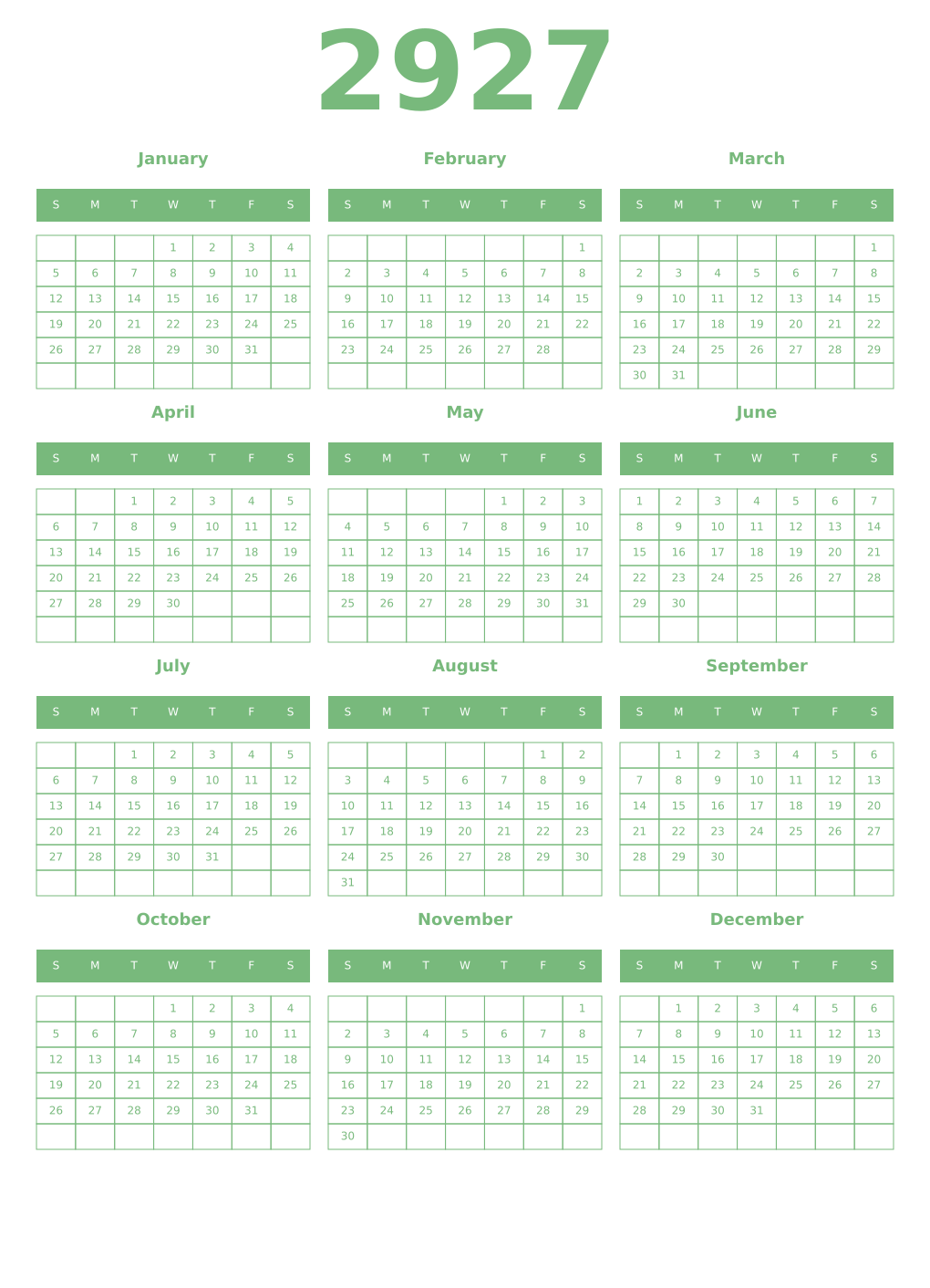 Printable 2927 Year Calendars celadon