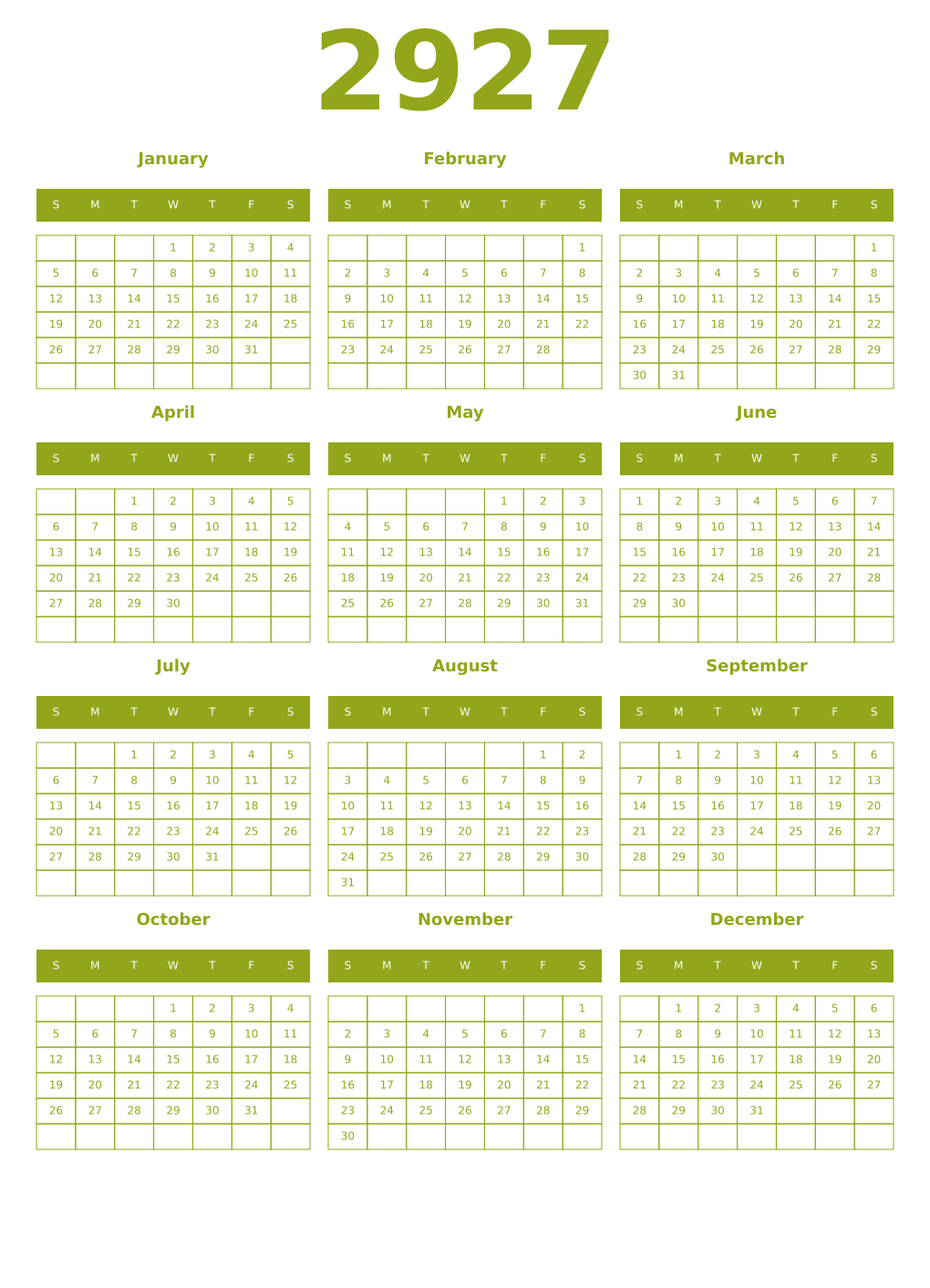 Printable 2927 Year Calendars chartreuse