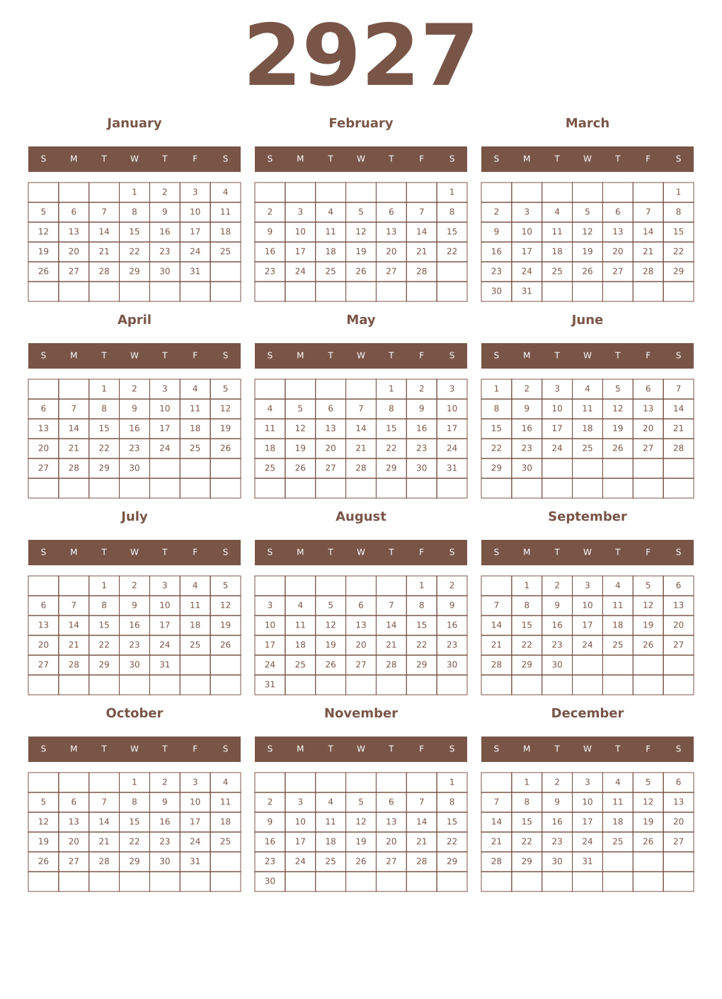 Printable 2927 Year Calendars coffe