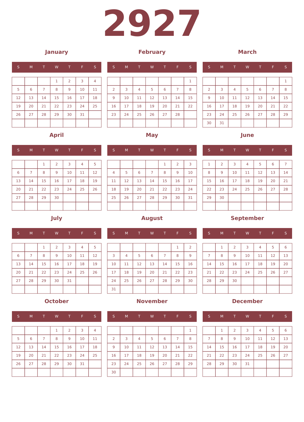 Printable 2927 Year Calendars cordovan
