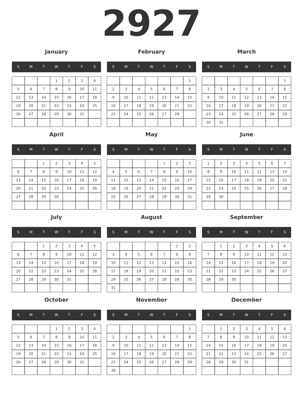 Printable 2927 Year Calendars dark