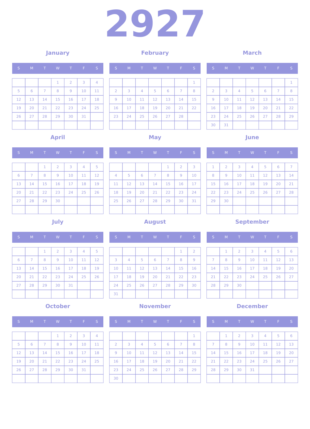 Printable 2927 Year Calendars periwinkle