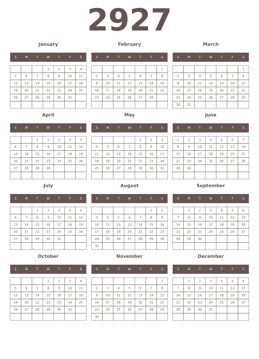 Printable 2927 Year Calendars wenge