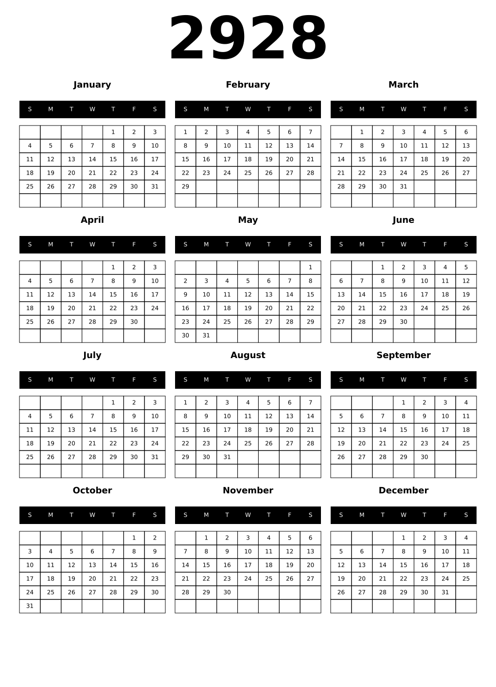 Printable 2928 Calendars