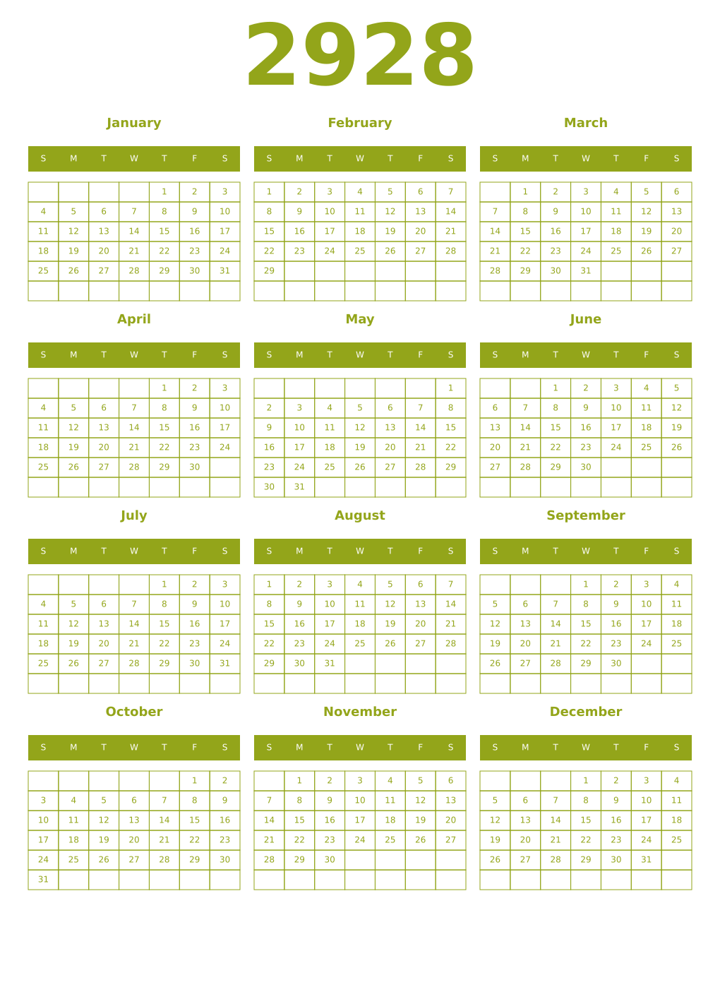 Printable 2928 Year Calendars chartreuse