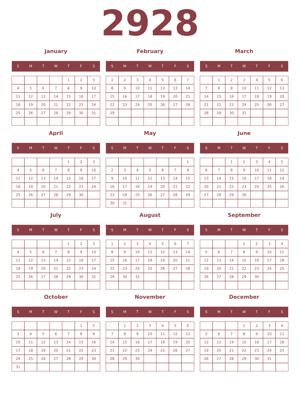 Printable 2928 Year Calendars cordovan