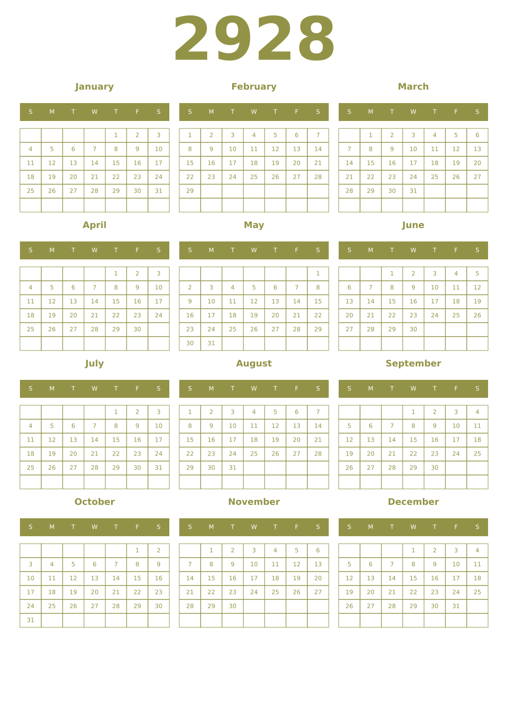 Printable 2928 Year Calendars eburnean