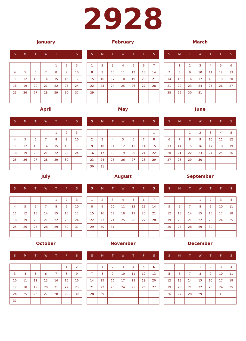 Printable 2928 Year Calendars falu