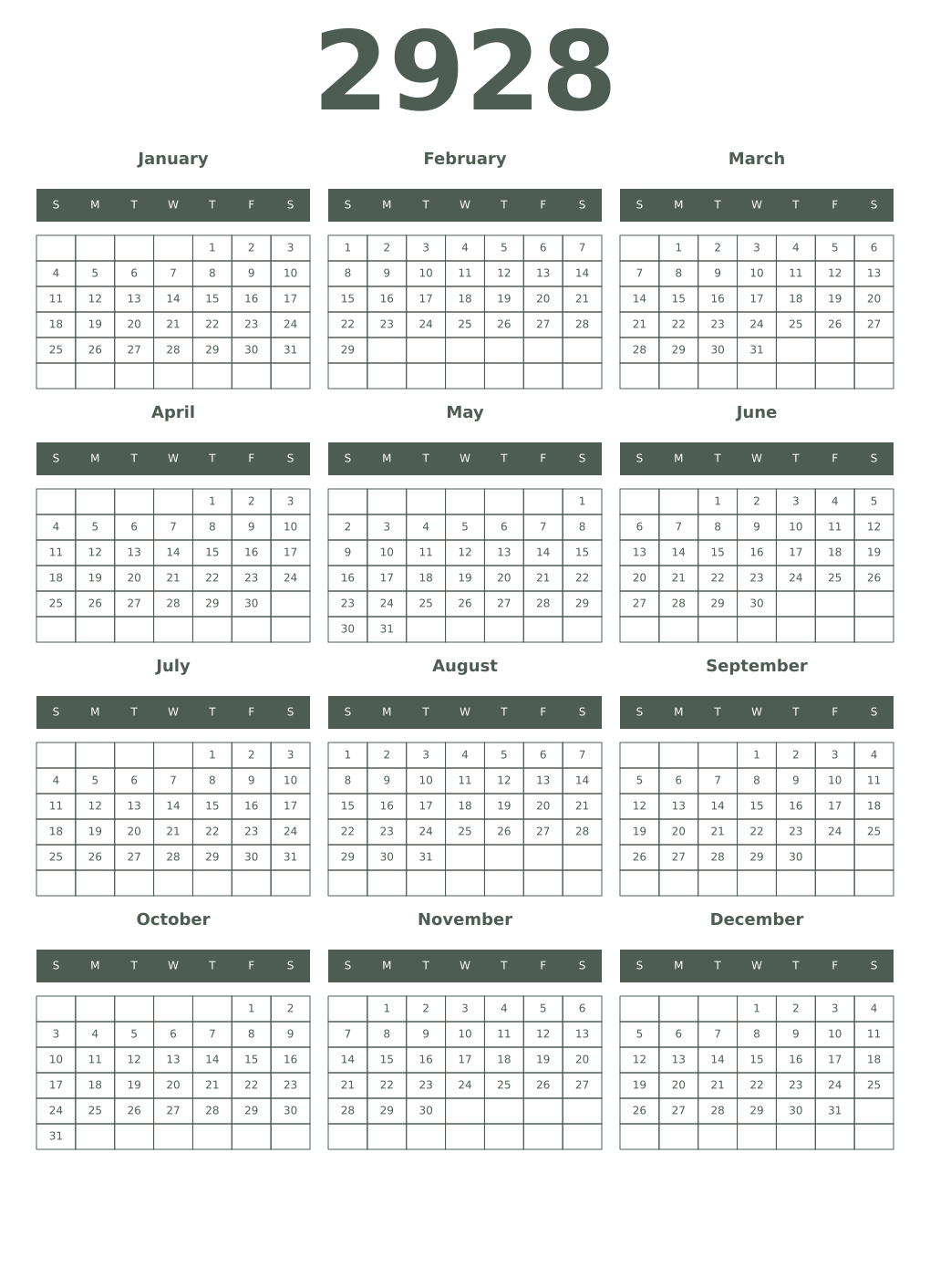 Printable 2928 Year Calendars feldgrau