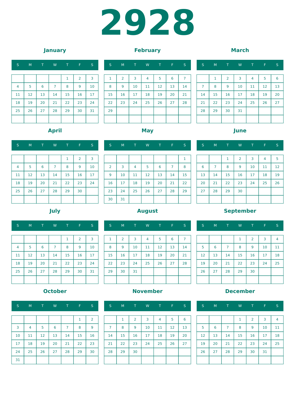 Printable 2928 Year Calendars pastel