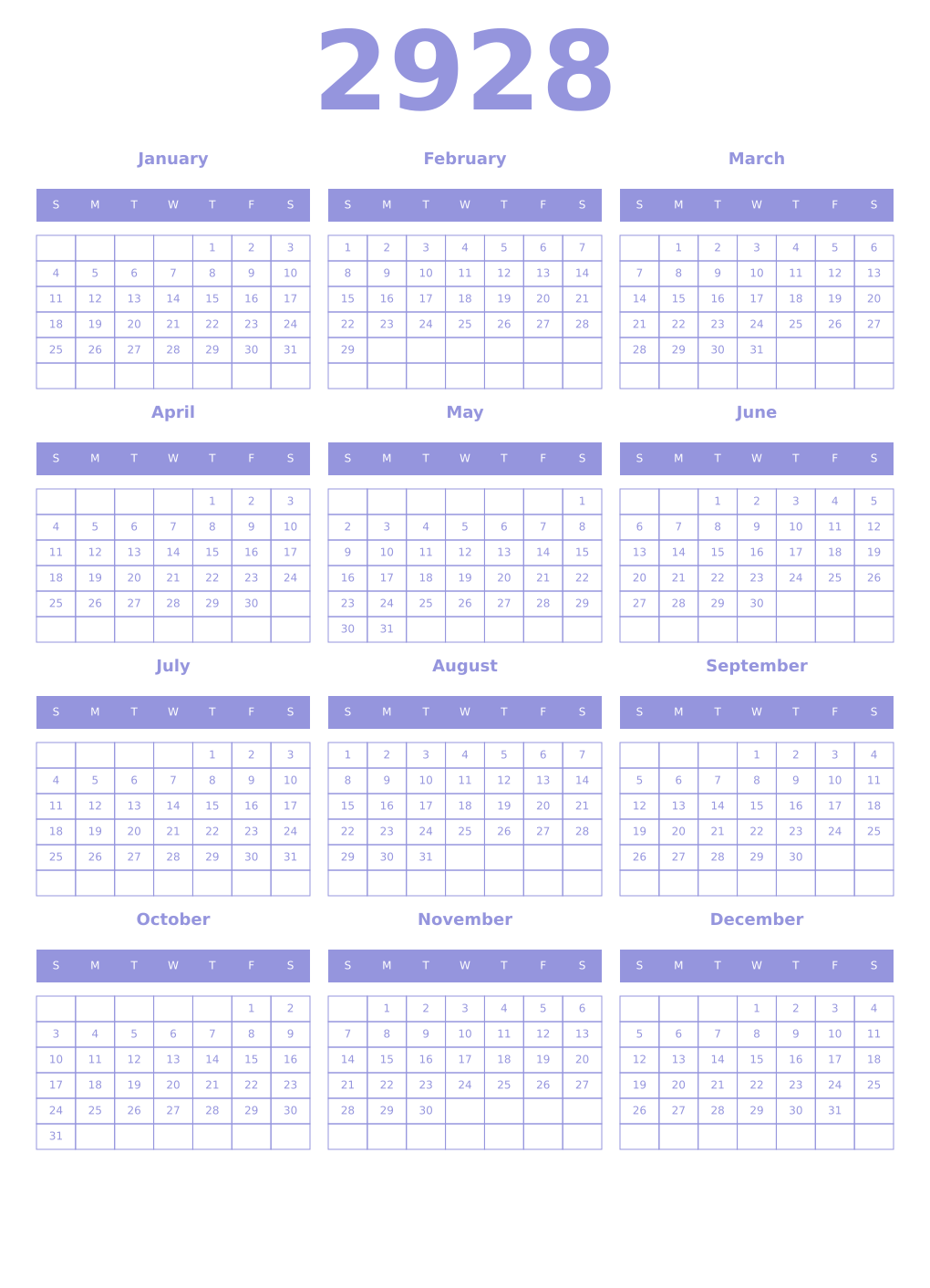 Printable 2928 Year Calendars periwinkle