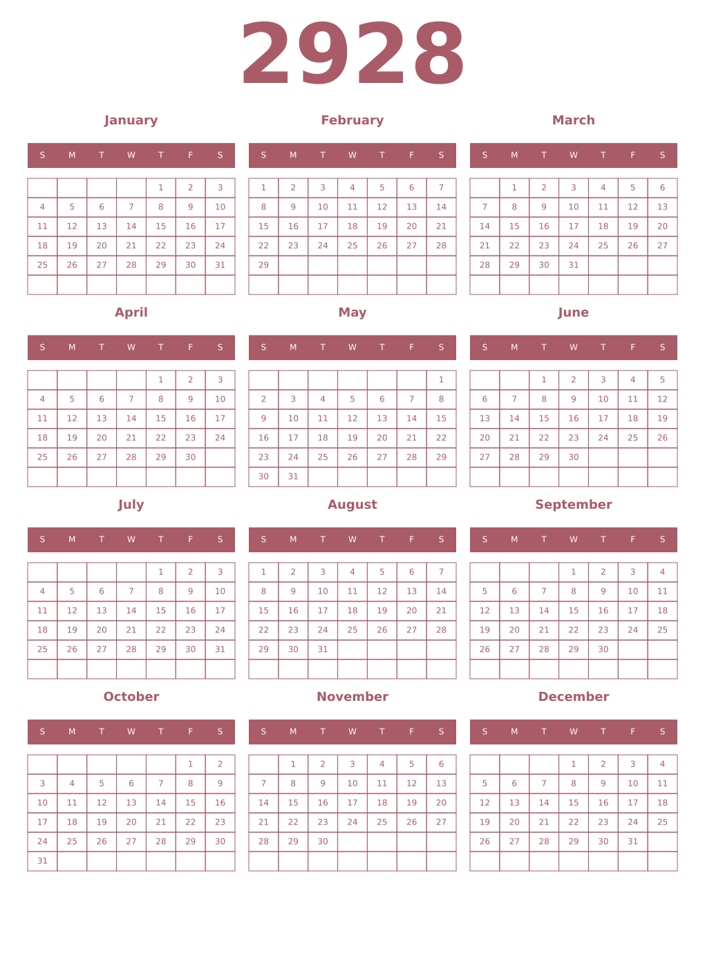 Printable 2928 Year Calendars puce