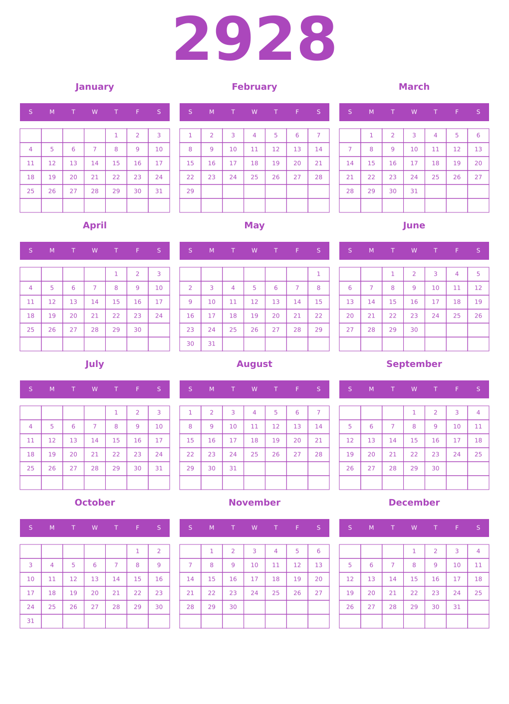 Printable 2928 Year Calendars purple