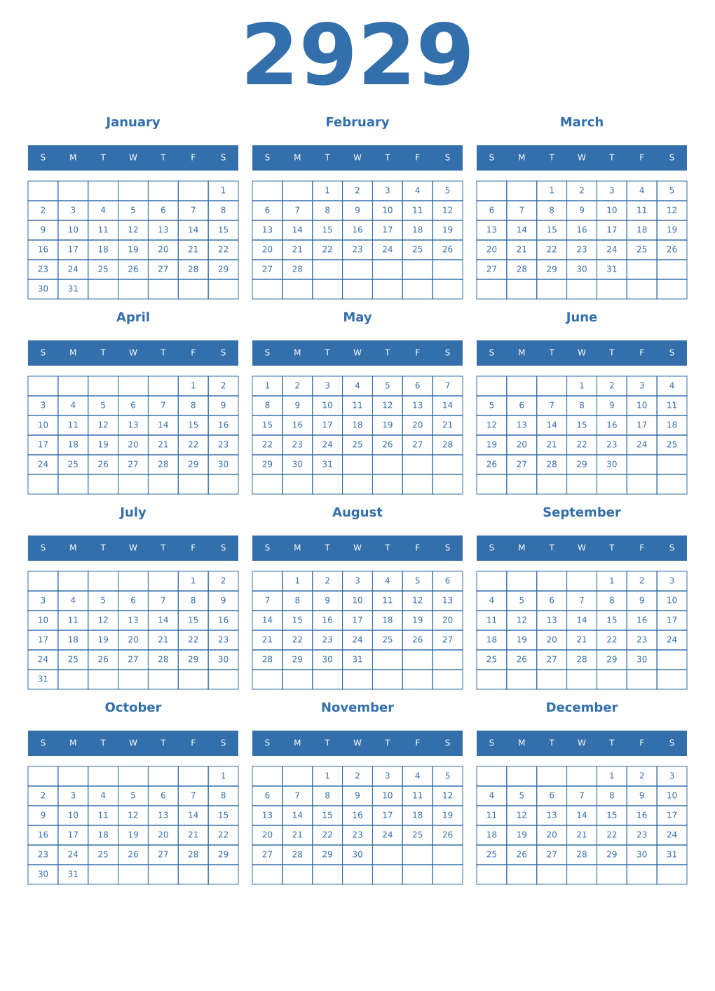 Printable 2929 Year Calendars blue