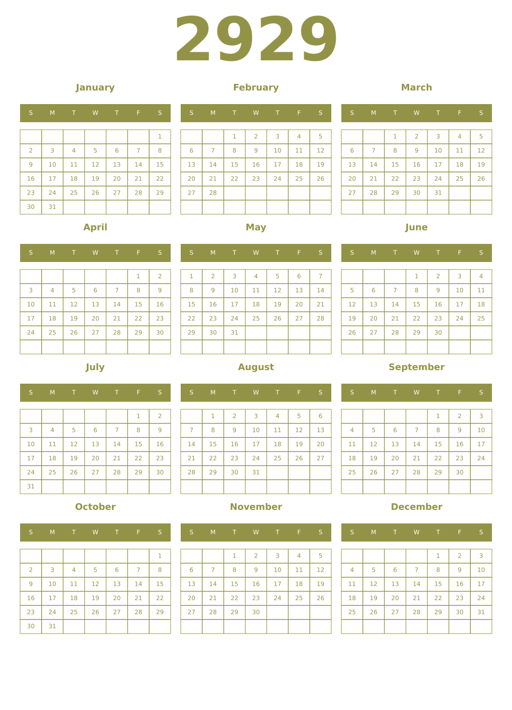 Printable 2929 Year Calendars eburnean