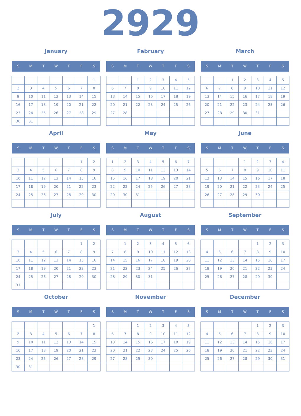 Printable 2929 Year Calendars glaucous