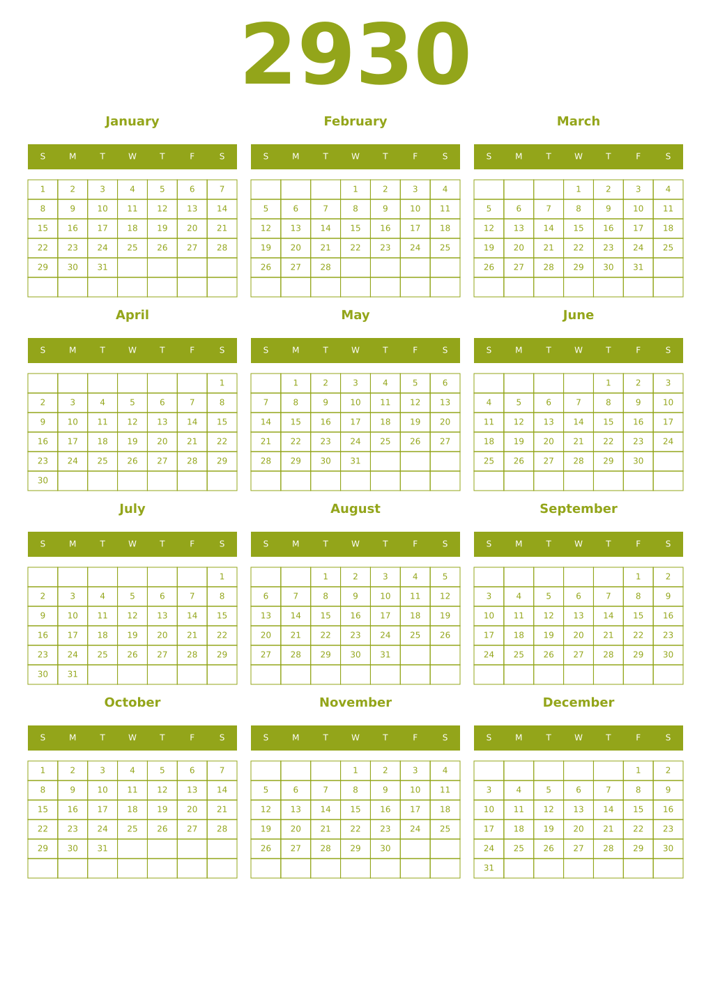 Printable 2930 Year Calendars chartreuse