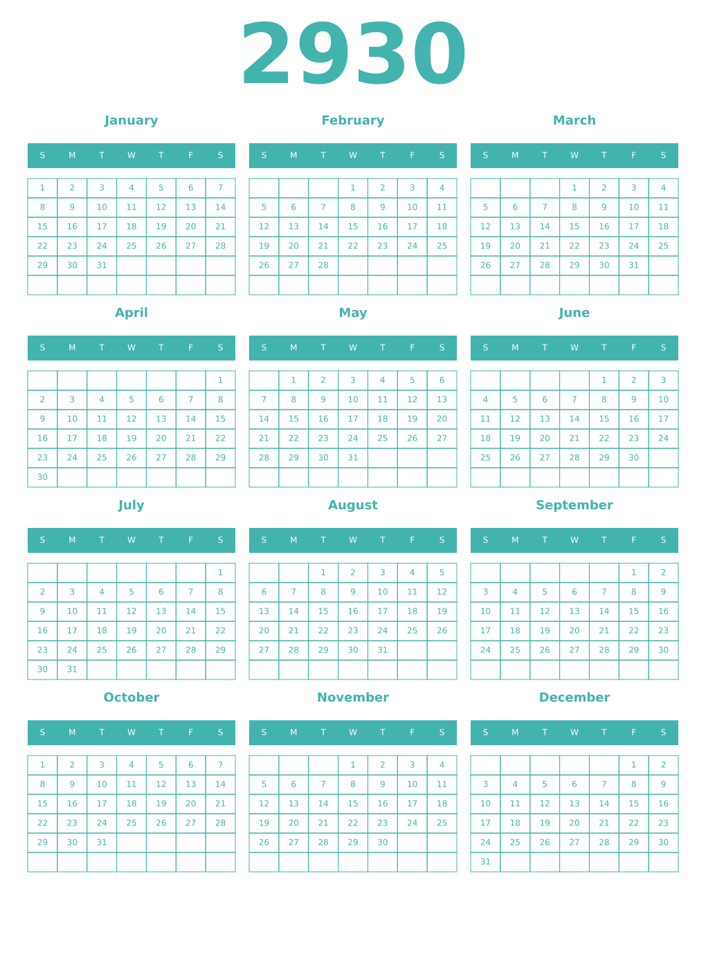 Printable 2930 Year Calendars verdigris