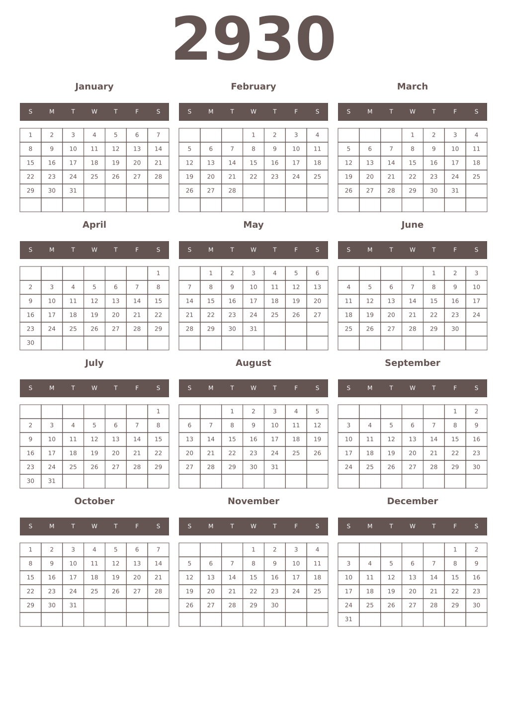 Printable 2930 Year Calendars wenge