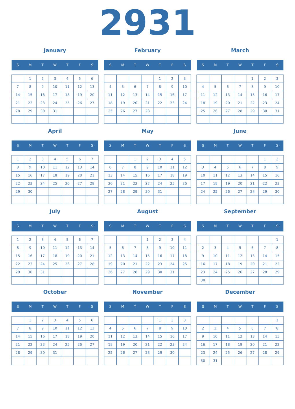 Printable 2931 Year Calendars blue