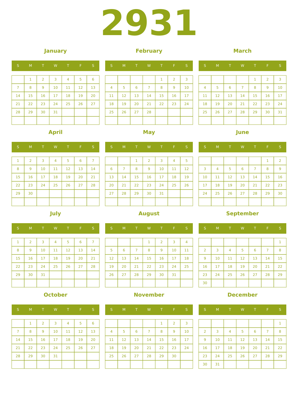 Printable 2931 Year Calendars chartreuse