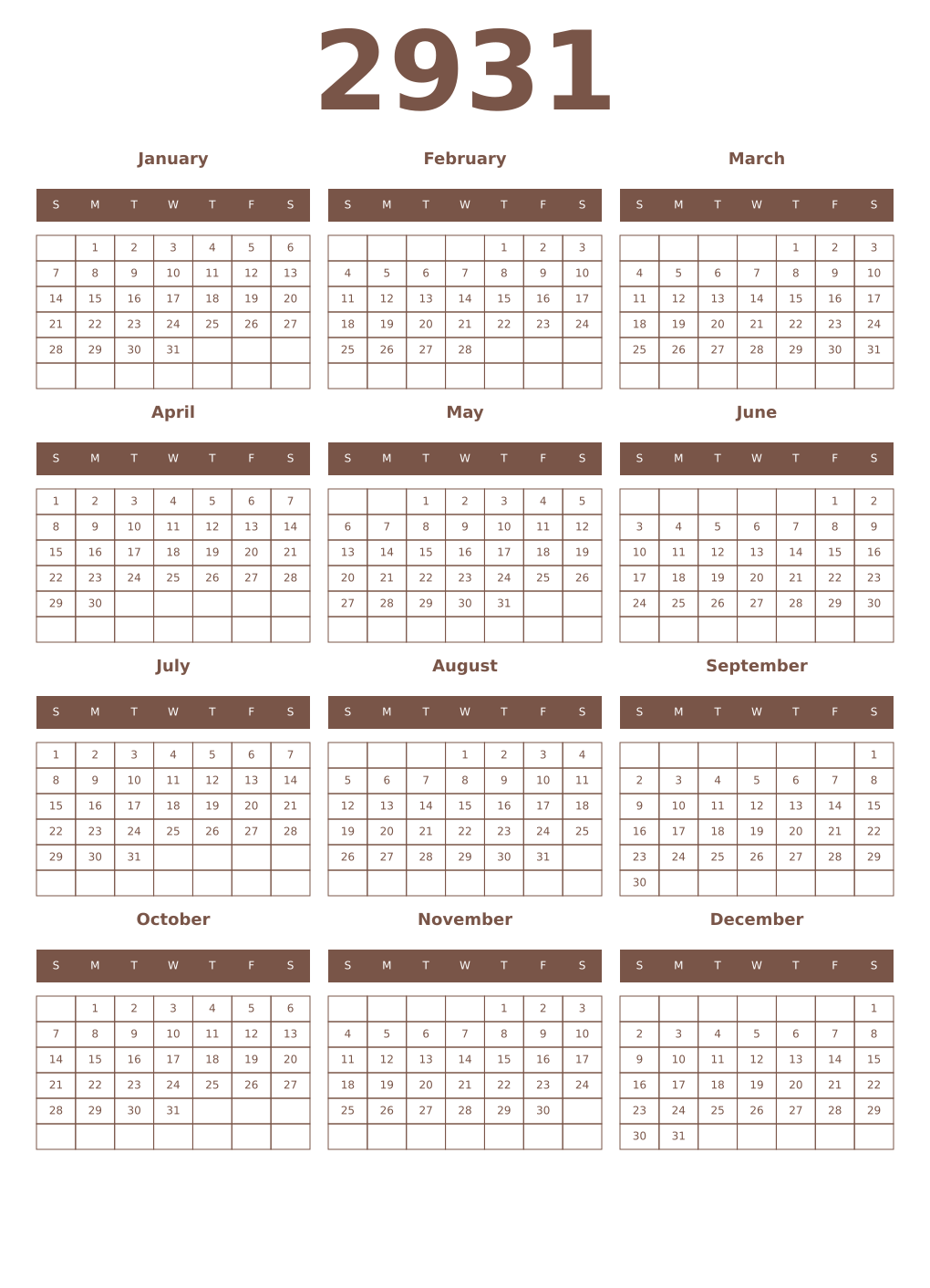 Printable 2931 Year Calendars coffe