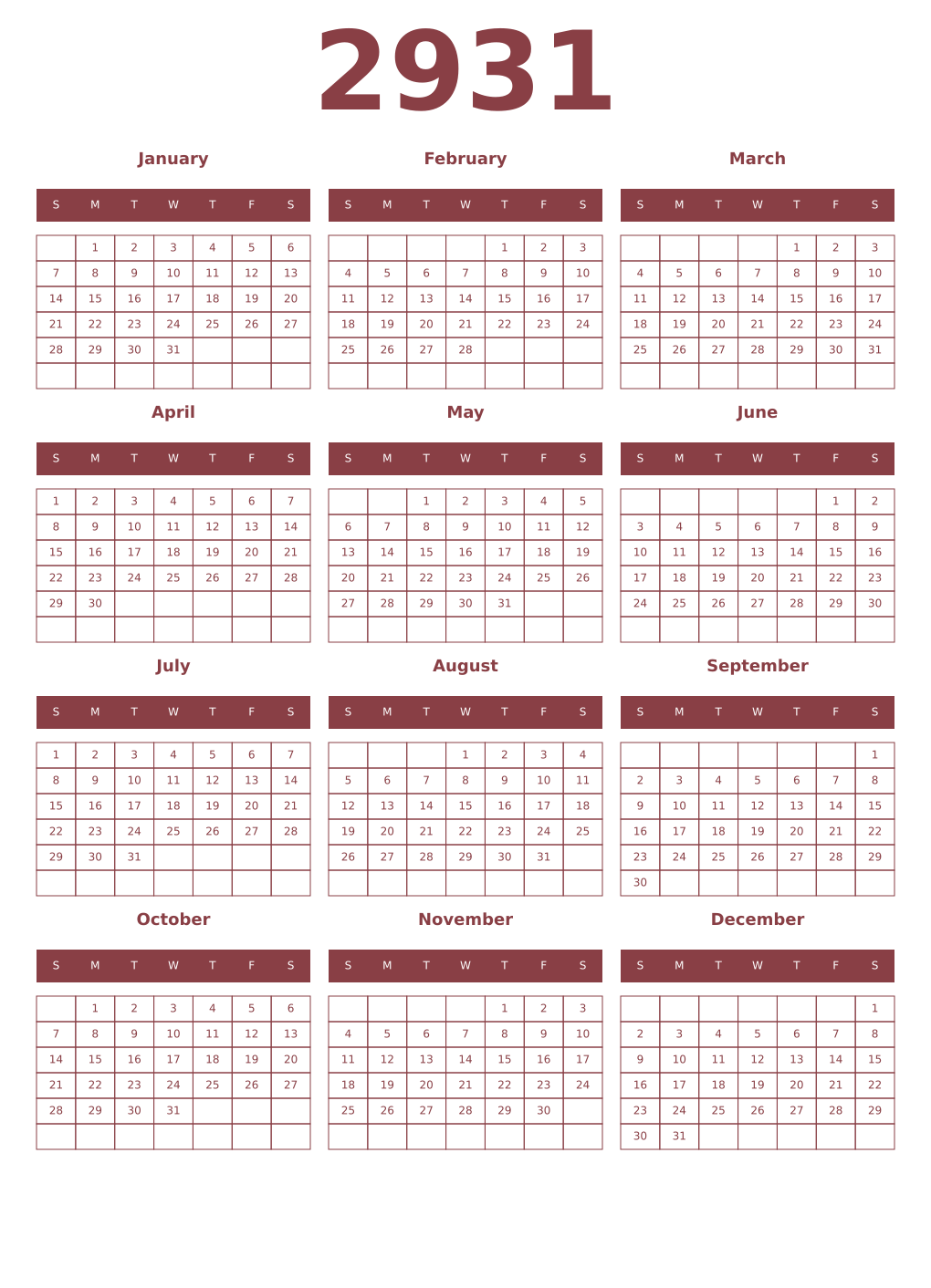 Printable 2931 Year Calendars cordovan