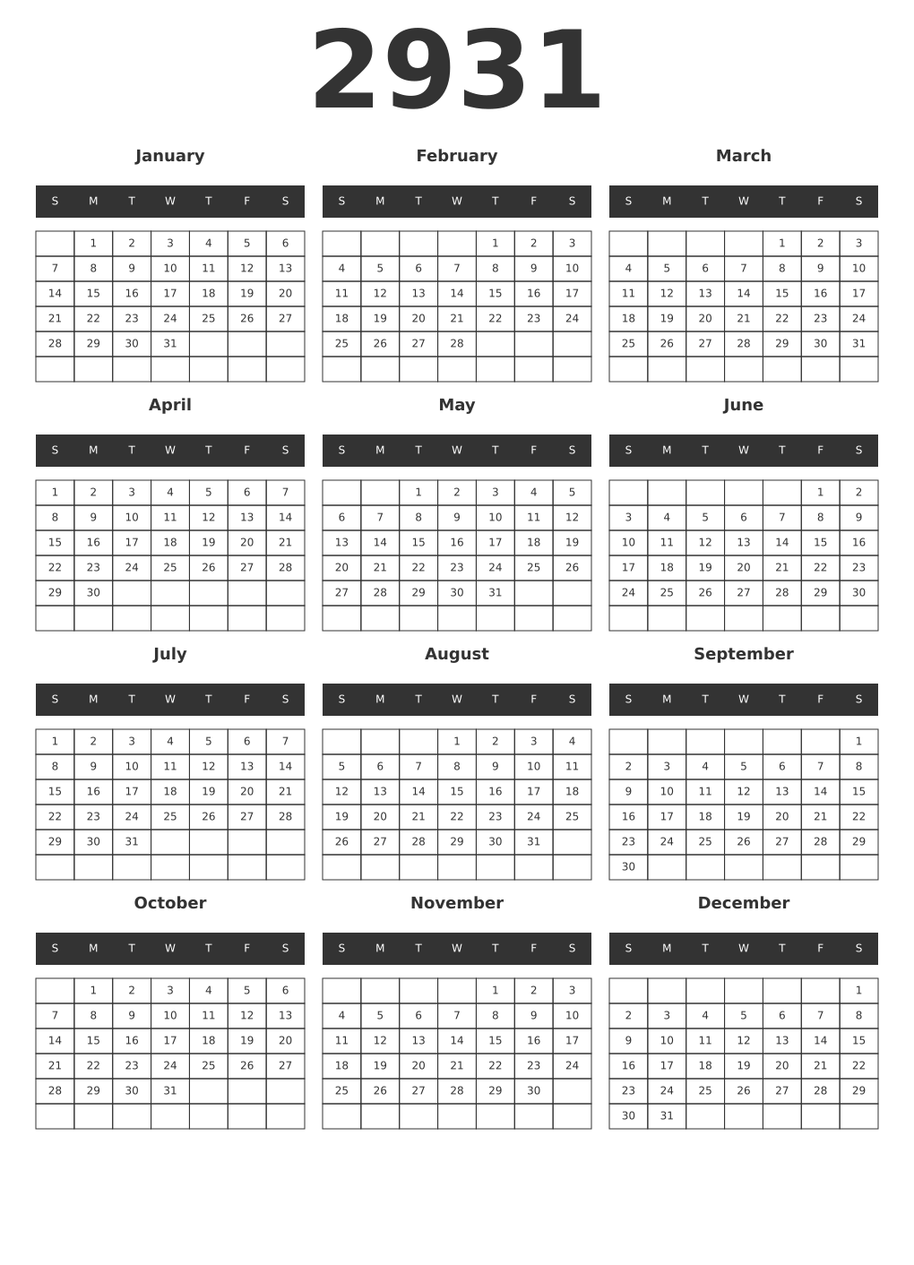 Printable 2931 Year Calendars dark