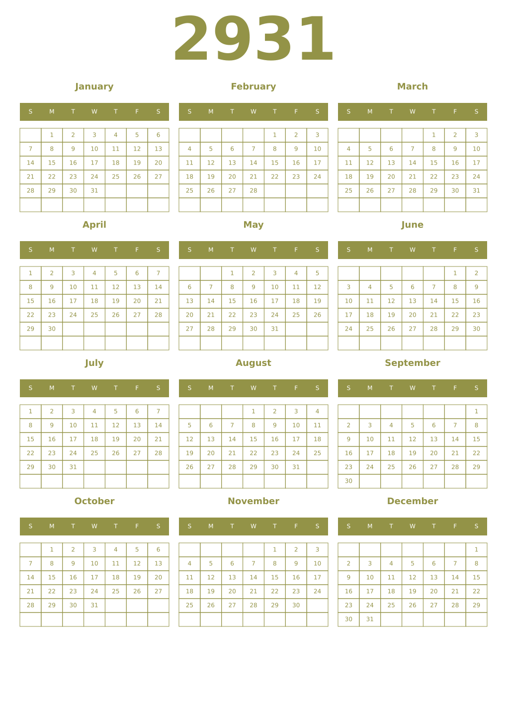 Printable 2931 Year Calendars eburnean