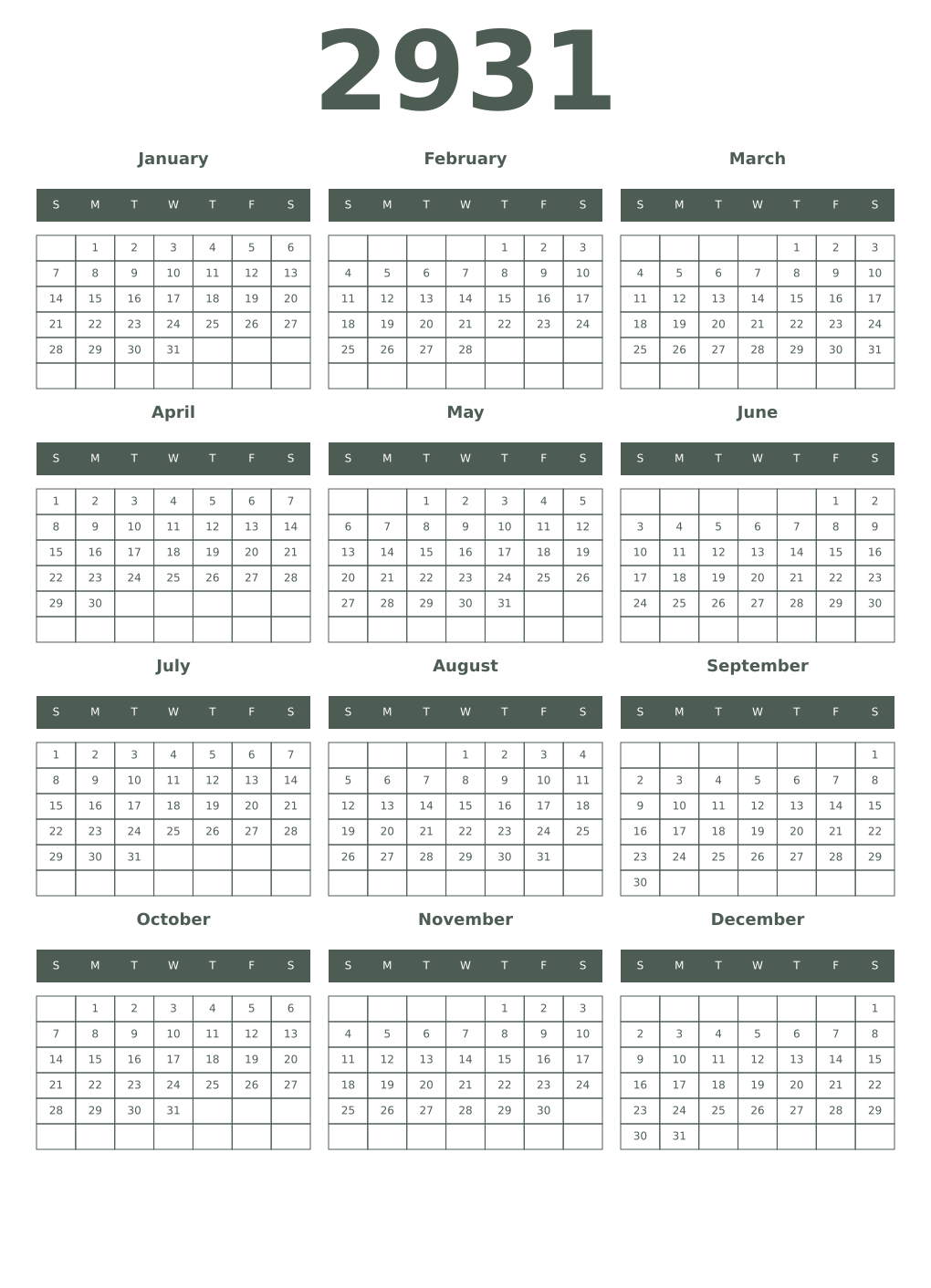 Printable 2931 Year Calendars feldgrau