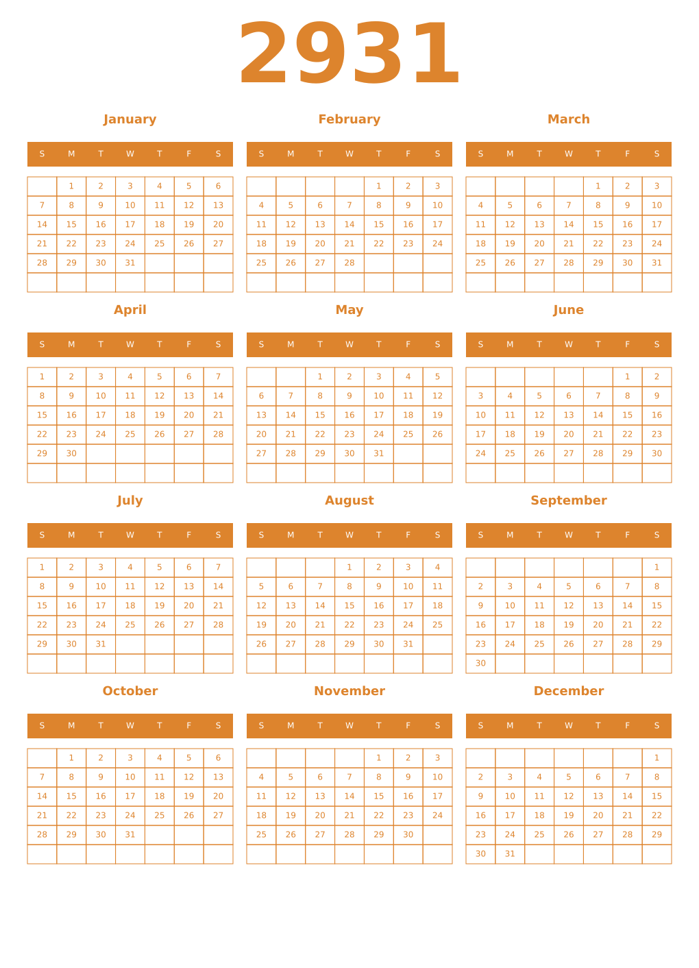 Printable 2931 Year Calendars orange