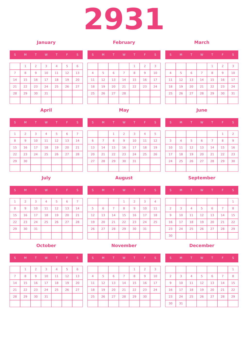 Printable 2931 Year Calendars pink