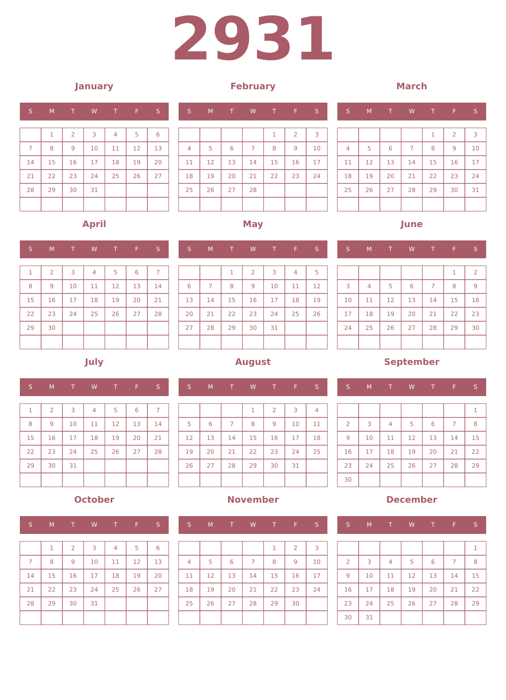 Printable 2931 Year Calendars puce