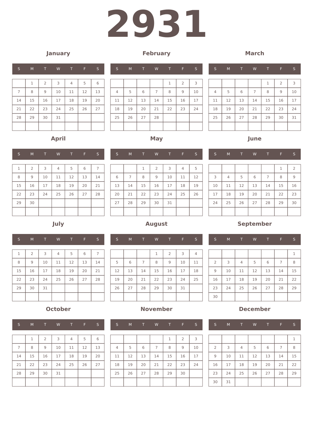 Printable 2931 Year Calendars wenge