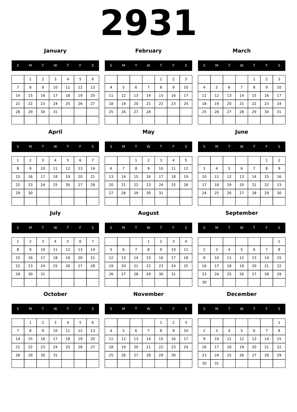 Printable 2931 Calendars