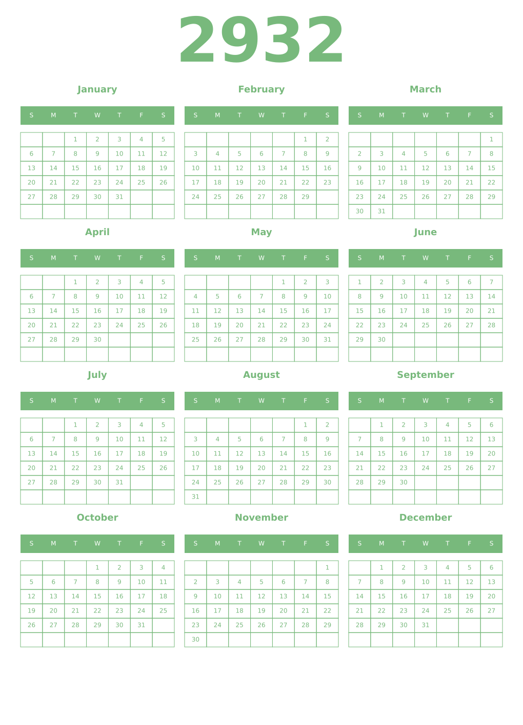 Printable 2932 Year Calendars celadon