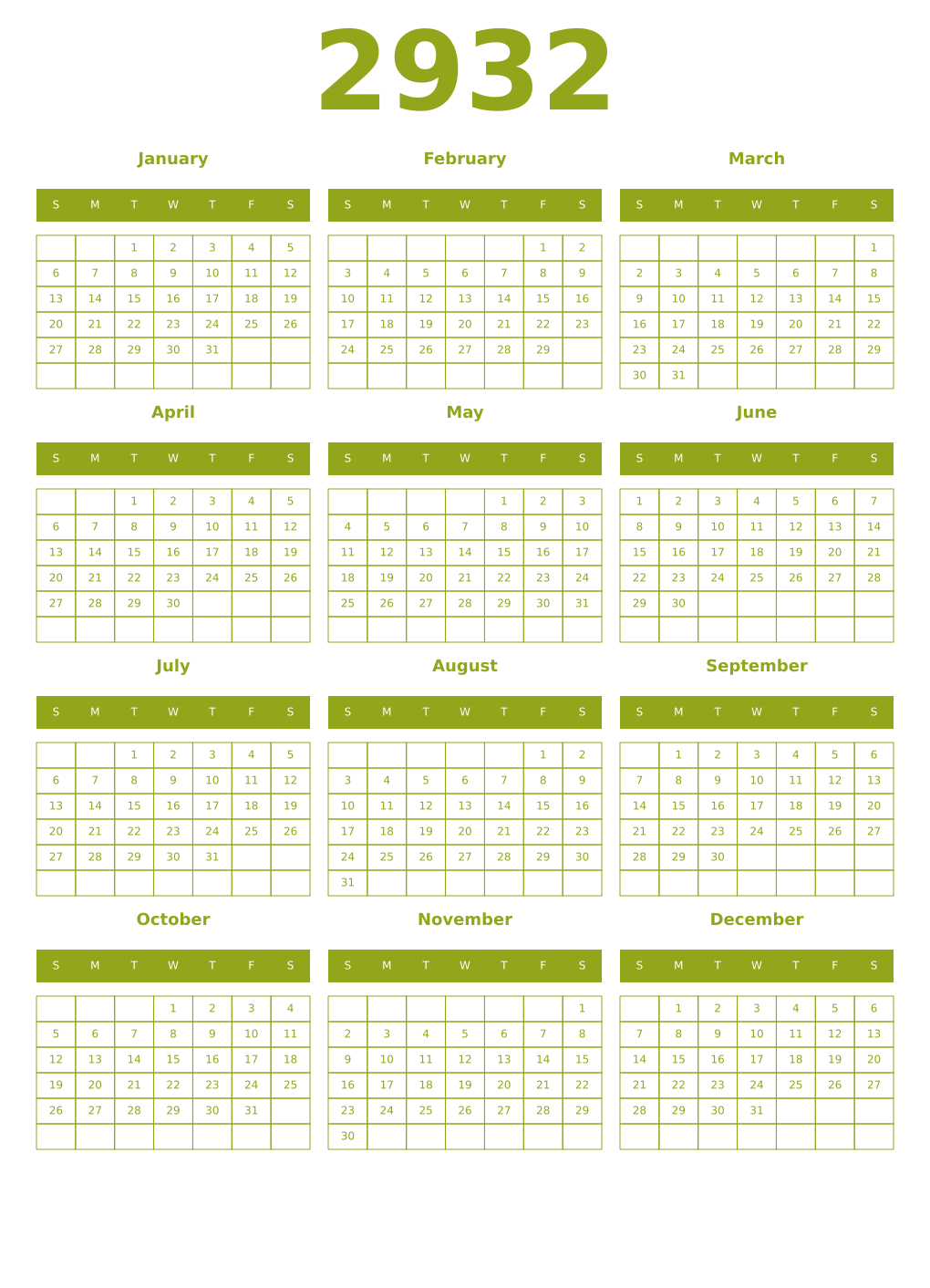 Printable 2932 Year Calendars chartreuse